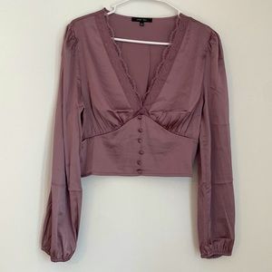 Silk cropped purple blouse with lace and button details!
